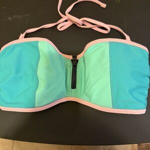 Aerie Teal Blue & Mint Green Zip‎ Front Swim Bikini Top Bra Size XL